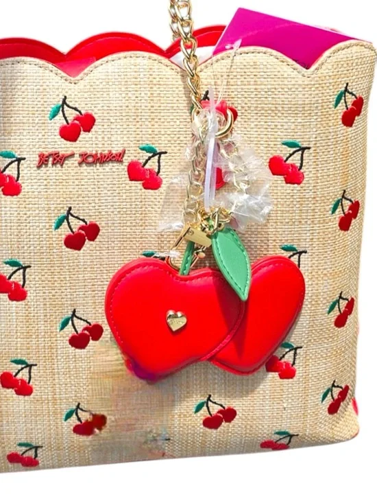 Betsey Johnson Cherry Tote Bag Scalloped Straw Red Trim Gold Chain - Picture 5 of 7